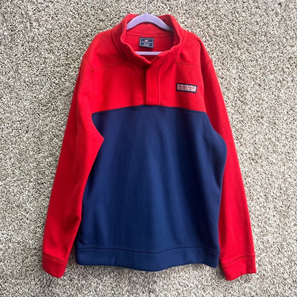 Vineyard Vines Sweatshirt Boys XL 18 Red & Navy Quarter-Snap Fleece Pullover